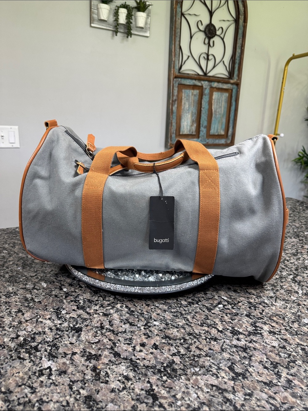 Bugatti Gray heavy canvas Duffel Bag with Tan Straps and shoulder strap NEW